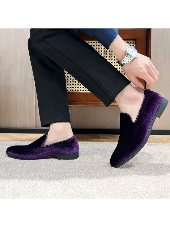 Men\'s Purple Velvet Penny Loafers Metal Buckle Slip On Luxury Suede Formal Shoes main image 5